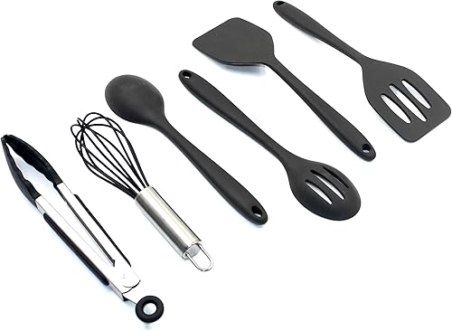 Dura Living Mini juego de herramientas de cocina de silicona, juego de utensilios negros de 6 piezas para espacios pequeños, viajes y niños