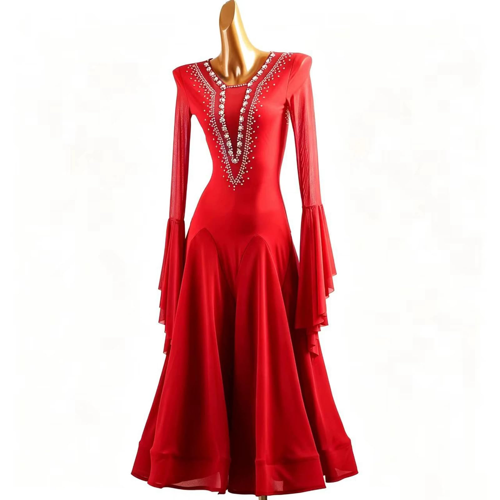 purpleq Rotes Turniertanzkleid mit Strasssteinen V-Ausschnitt Langarm Mesh Walzer Tango Foxtrott Standard Großer Pendel Tanzrock Walzerkleid
