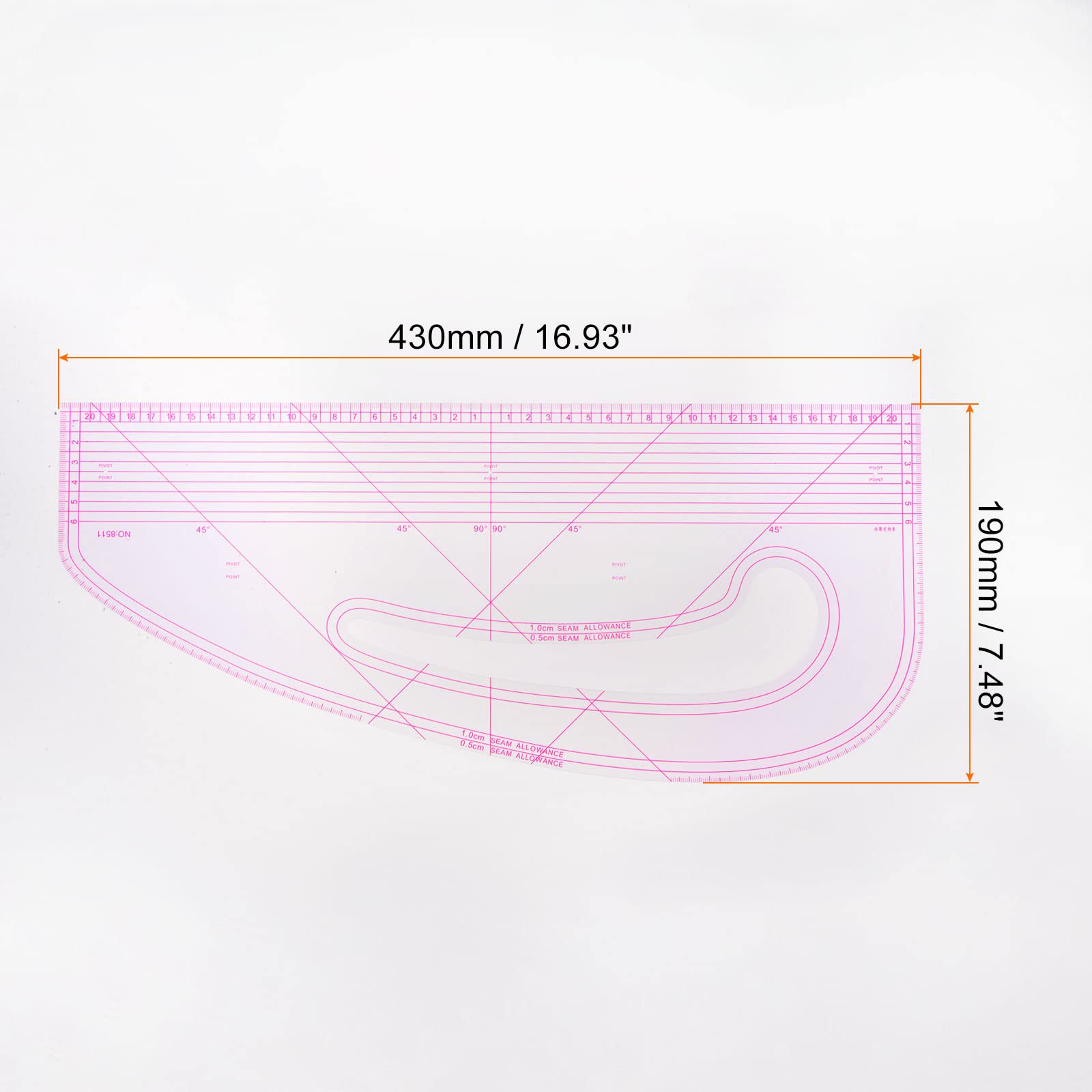 sourcing map Estilo Costura Francés Curva Regla, 43x19cm Vestido Fabricantes Regla Transparente Costura Sastres Patrón Confección Reglas para Moda Diseño y Guías para Tela