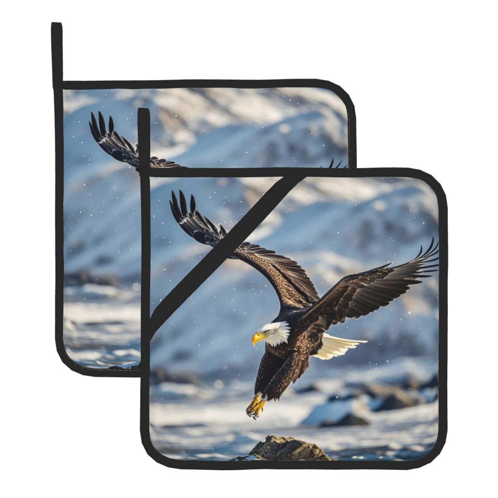 Pot Holders for Kitchen Heat Resistant Hot Pads Bald Eagle Flying Potholders Set of 2 Trivets Non Slip Cotton Lining Home Kitchen Oven Hot Pads for Cooking Baking BBQ Kitchen Accessories