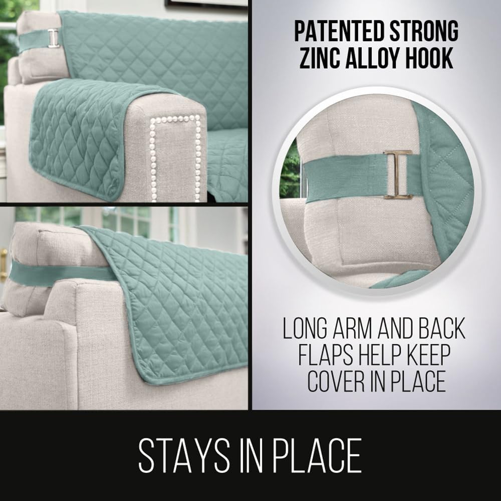 Sofa Shield Couch Slip Covers for Dogs, Reversible Furniture Protector with Strap, Stain and Tear Resistant Cushion Cover, 62 inch Seat, Machine Washable Slipcover Pets, Cats, Seafoam Cream
