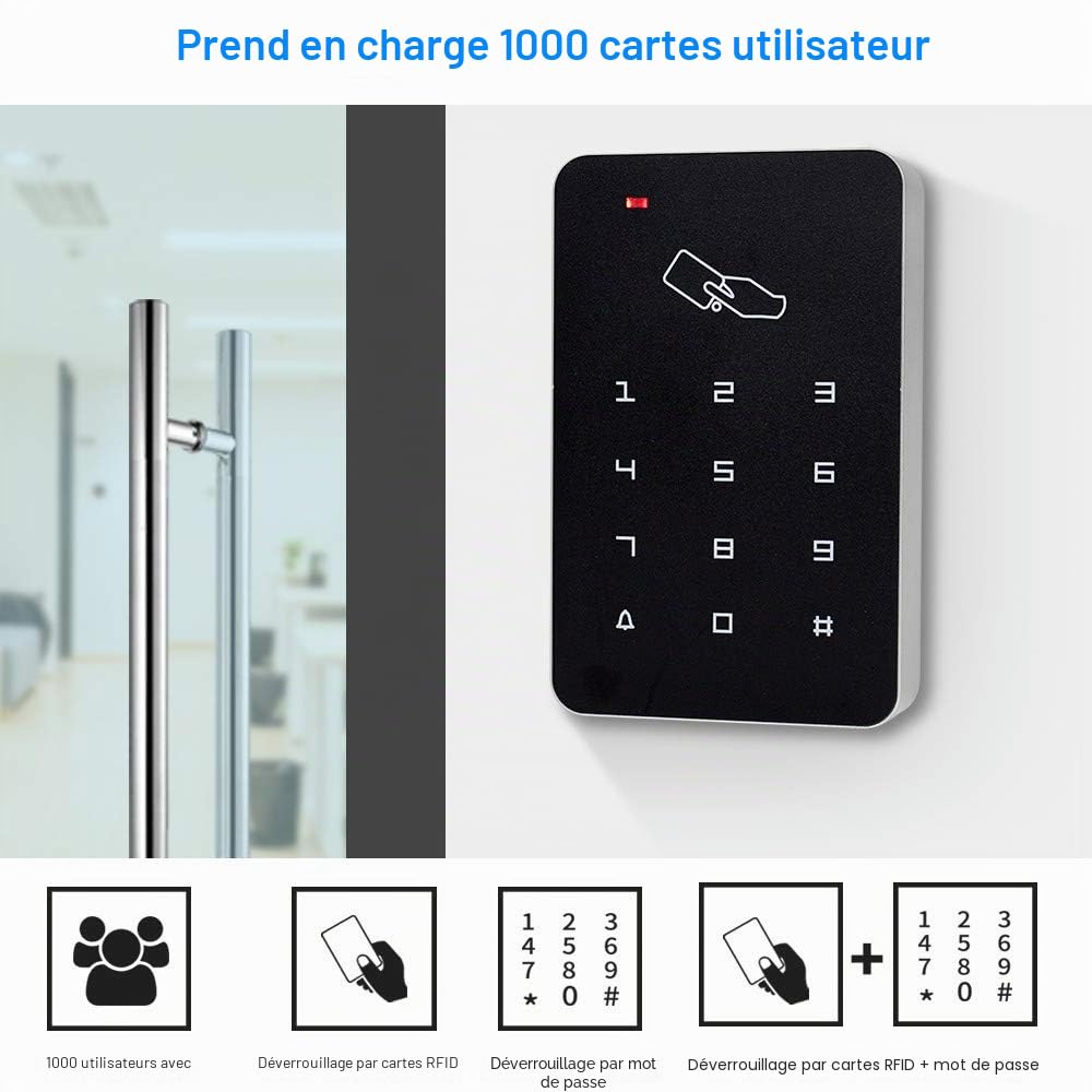 Kit de Sécurité à Domicile de Contrôle d'Accès de Porte Pleine avec Clavier Autonome 125KHz+NC Serrure Électrique+Bouton d'alimentation+Sortie+10pcs Porte-clés + 10pcs Cartes Blanches