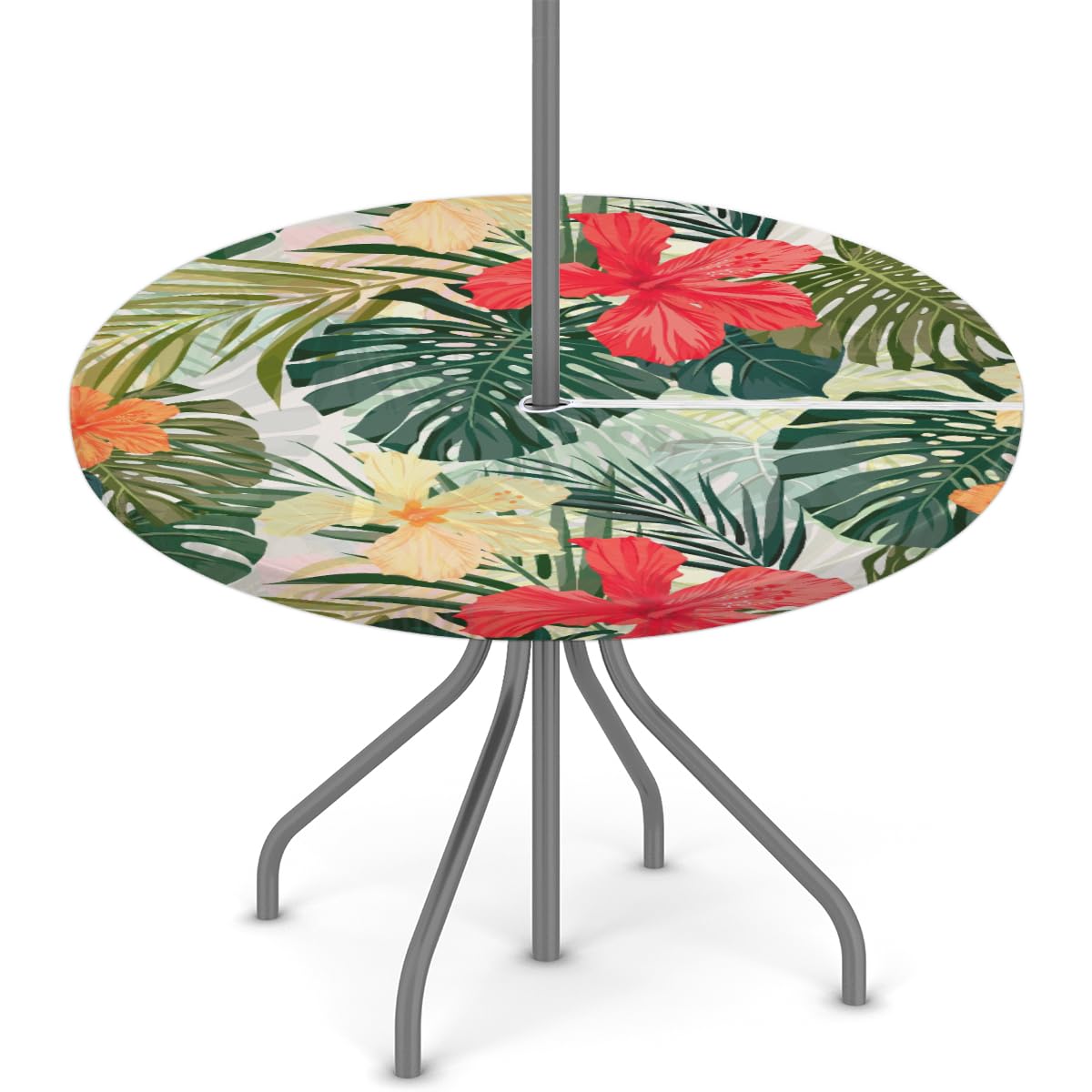 Round Garden Table Cloth With Parasol Hole, Hibiscus Flower Outdoor Circular Fitted Tablecloth With Umbrella Hole Waterproof Elastic Edged Table Cover for Party Picnic, Fit for 45"-56" Round Tables