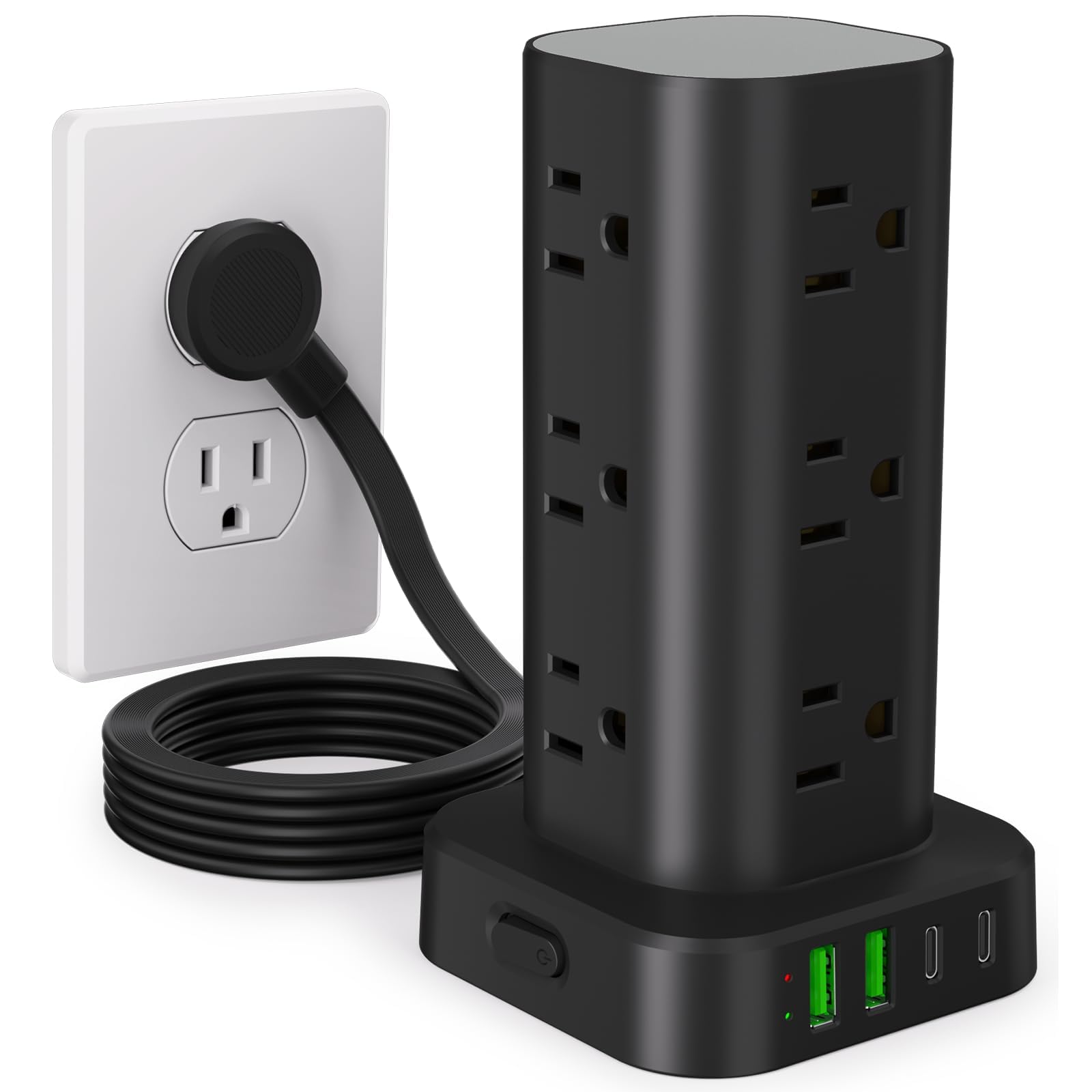 6FT Power Strip Tower Surge Protector, 12 Wide Spaced Outlets, 4 USB Black 6FT without Wireless Charging