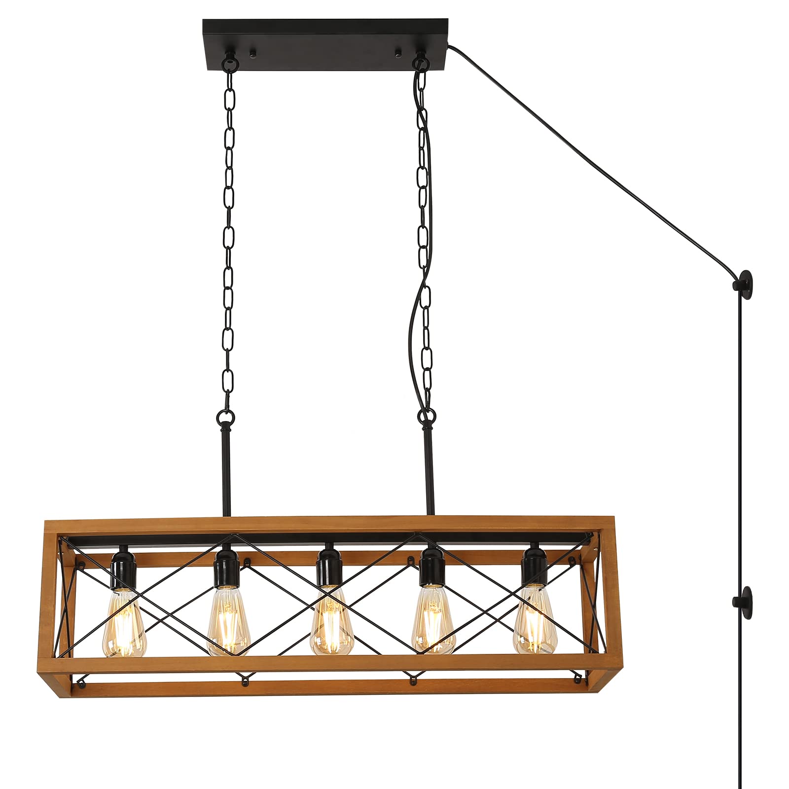 Industrial Pendant Lamp-5 Lights E26 Socket with Plug in Cord Rectangle Chandelier Wood Metal Kitchen Island Hanging Pendant Lighting Farmhouse Black Vintage Ceiling Lamp for Dinner Room-No Bulbs