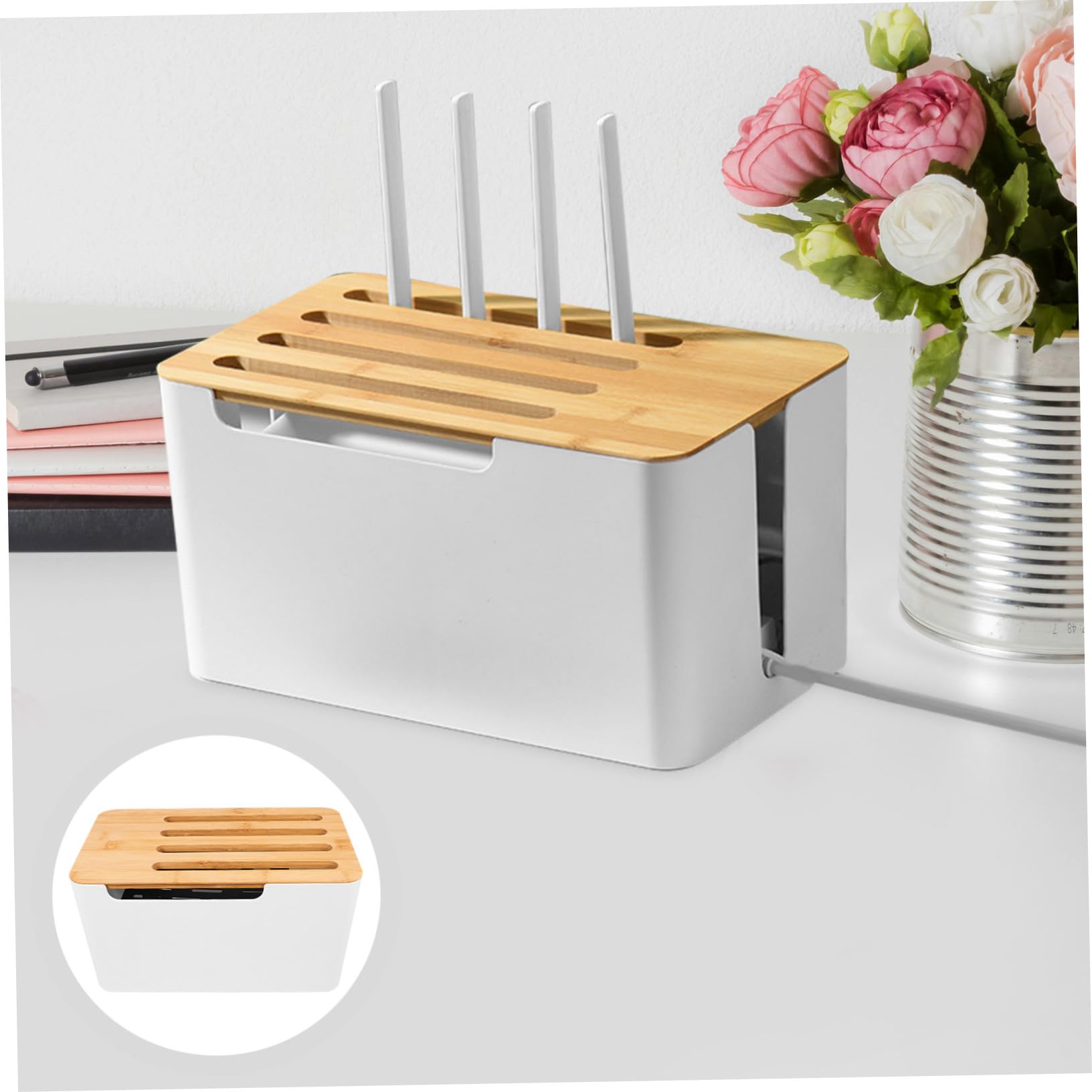 Operitacx Caja de Almacenamiento para Cables y Enchufes Organizador de Cables Hogar Caja de Regleta con Tapa de Bambú para Mesitas de Noche y Decodificadores