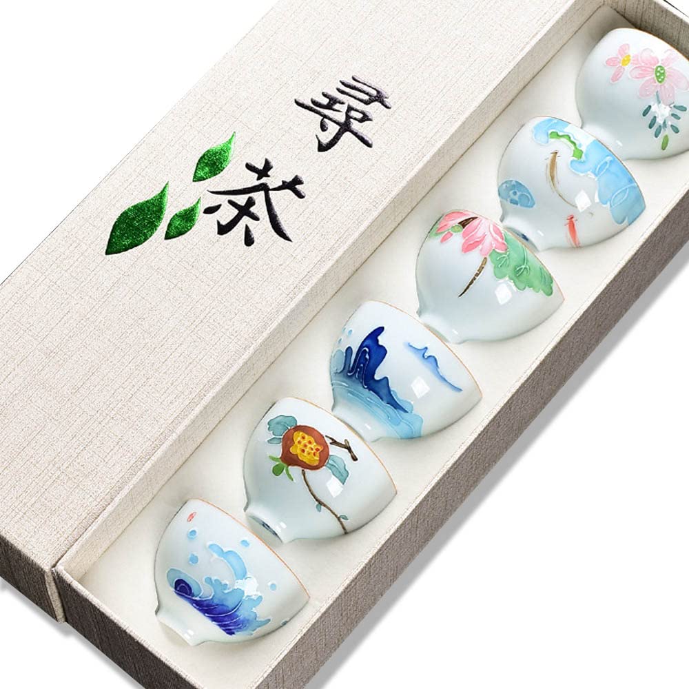 ToioM Ceramic Porcelain Tea Cup Set of 6, Gift Box Packaged (A)