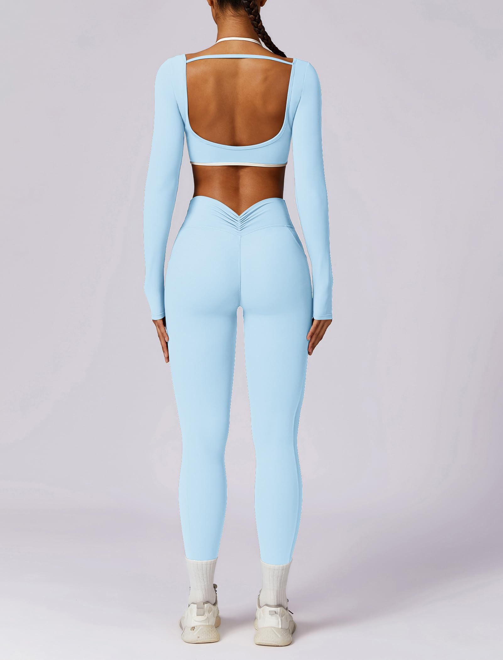IDOPIP Conjunto de deporte para mujer de manga larga sin espalda: juego de dos piezas para gimnasio, top con copas integradas y leggings de cintura alta con bolsillos, ropa deportiva para fitness