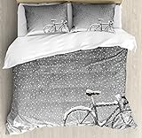 Ambesonne Winter Duvet Cover Set, Bicycle Covered with Snow Cold Weather Seasonal Calm Scenery...