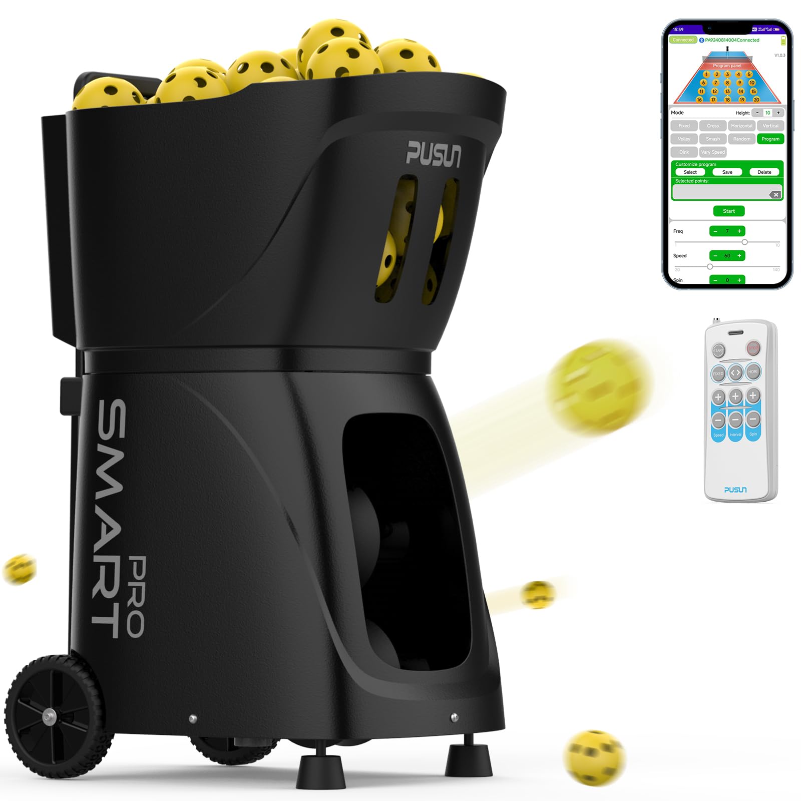 PP-Smart Pro - Máquina de pickleball | 80+ capacidad de bola, 75 MPH, lobo de 45°, control remoto, lanzador de bolas portátil con batería de 6 horas para práctica de entrenamiento