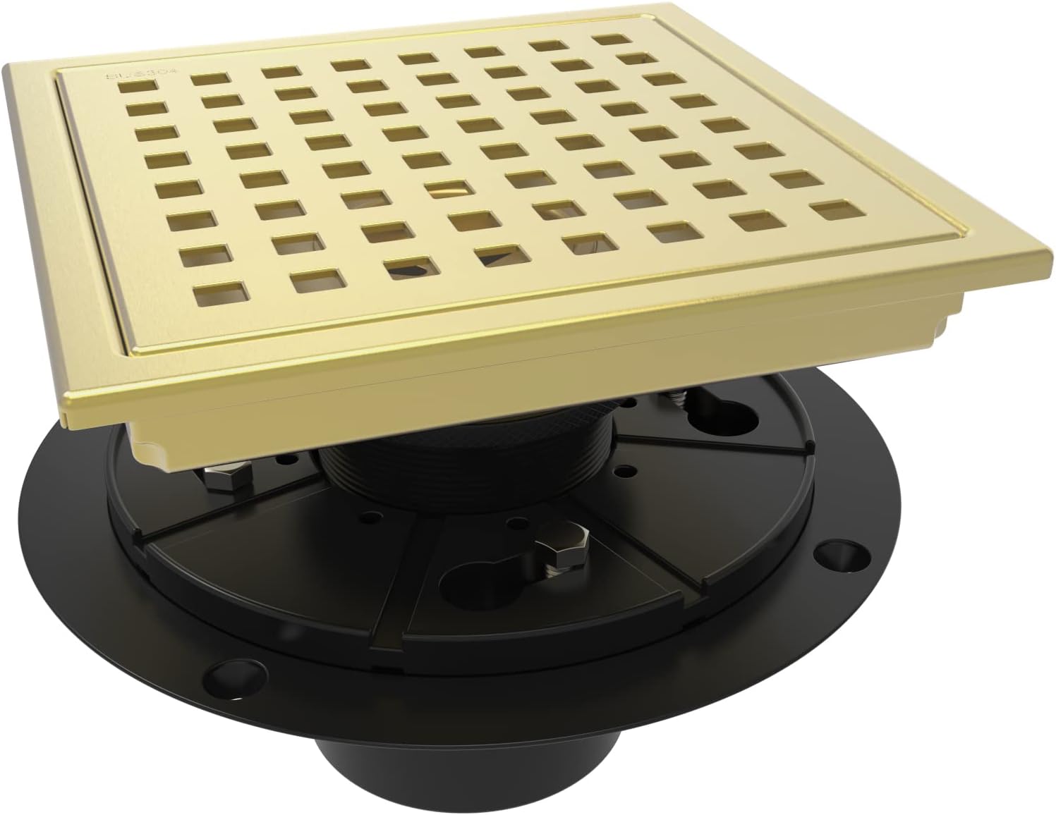 WEBANG 6 inch Square Shower Floor Drain with Flange, Square Pattern Burrs, Removable, Food-Grade SUS 304 Stainless Steel, Watermark and Cup-Certified, Brushed Gold Brass.