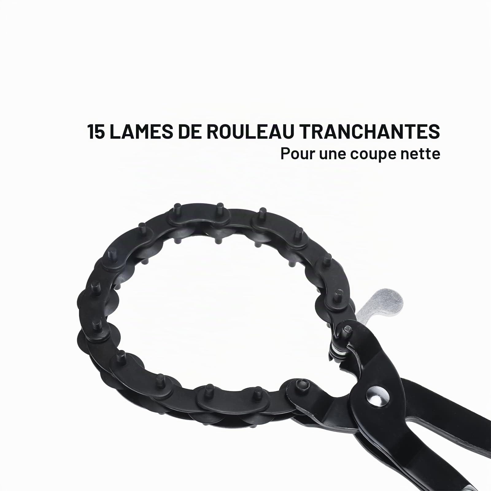 BOOMSTART Coupe-tuyau d'échappement, Outil de coupe de tuyau en acier au carbone, Coupe-tuyau universel à chaîne pour tuyau de diamètre 3/4 pouce à 3 pouces, Coupe-tuyau d'échappement avec 15 lames à
