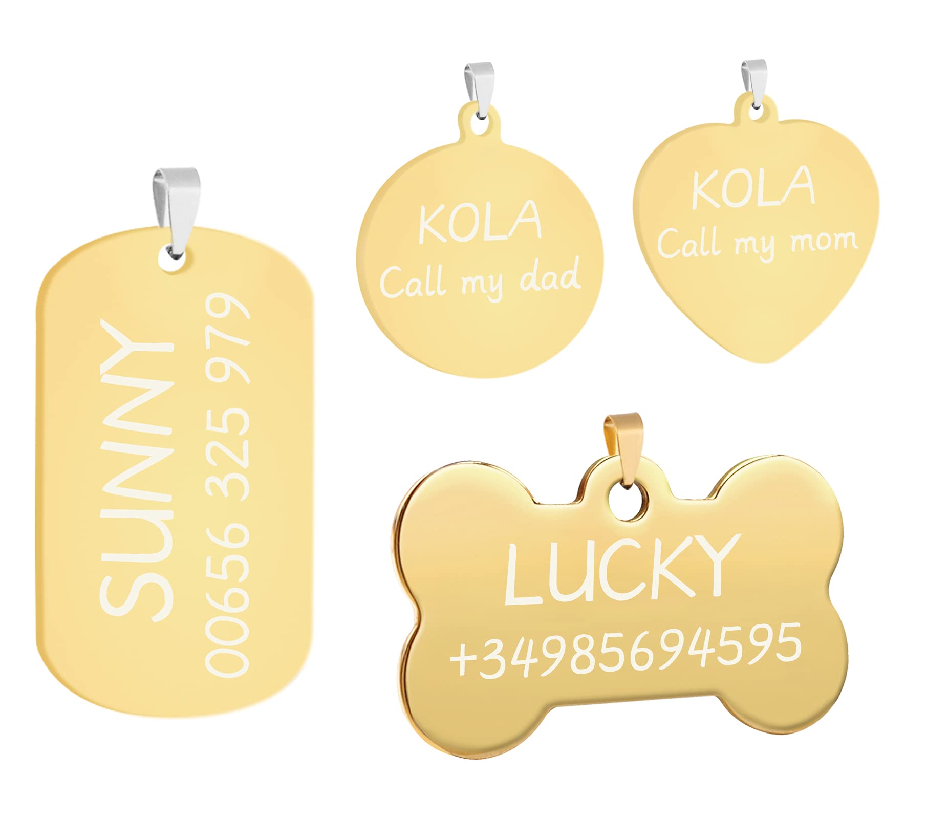 Uiopa 2pzs Chapa Perro Grabada, Hueso/Círculo/Corazón/Cuadrado Chapas para Perros Chapas Personalizadas de Acero Inoxidable, Etiquetas de Identificación de Mascotas para Gato Perro (Oro, Grande)