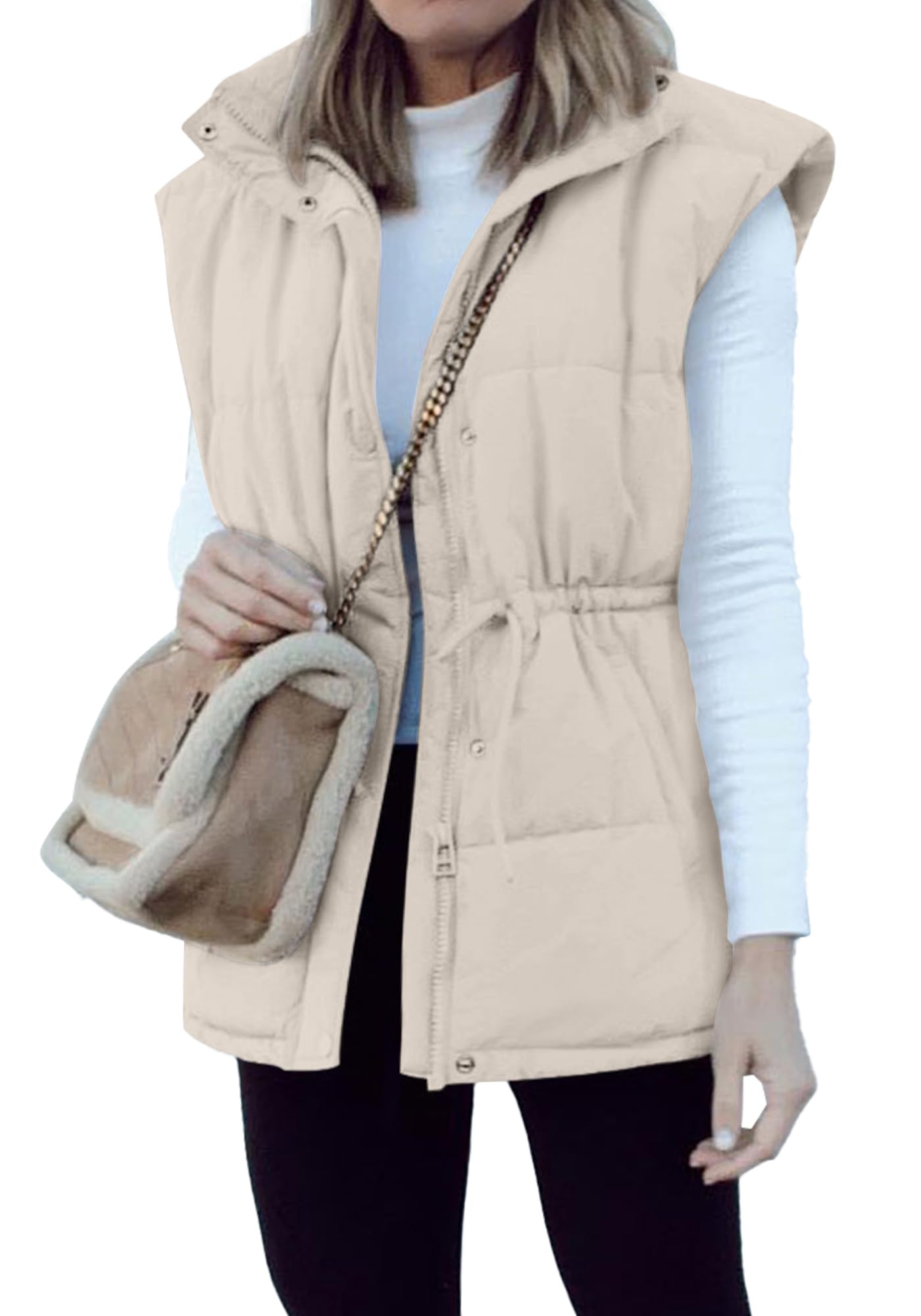 BTFBM Women's Casual Outerwear Vest Button Down Zip Up Padded Gilet Drawstring Sleeveless Jackets Coats with Pockets
