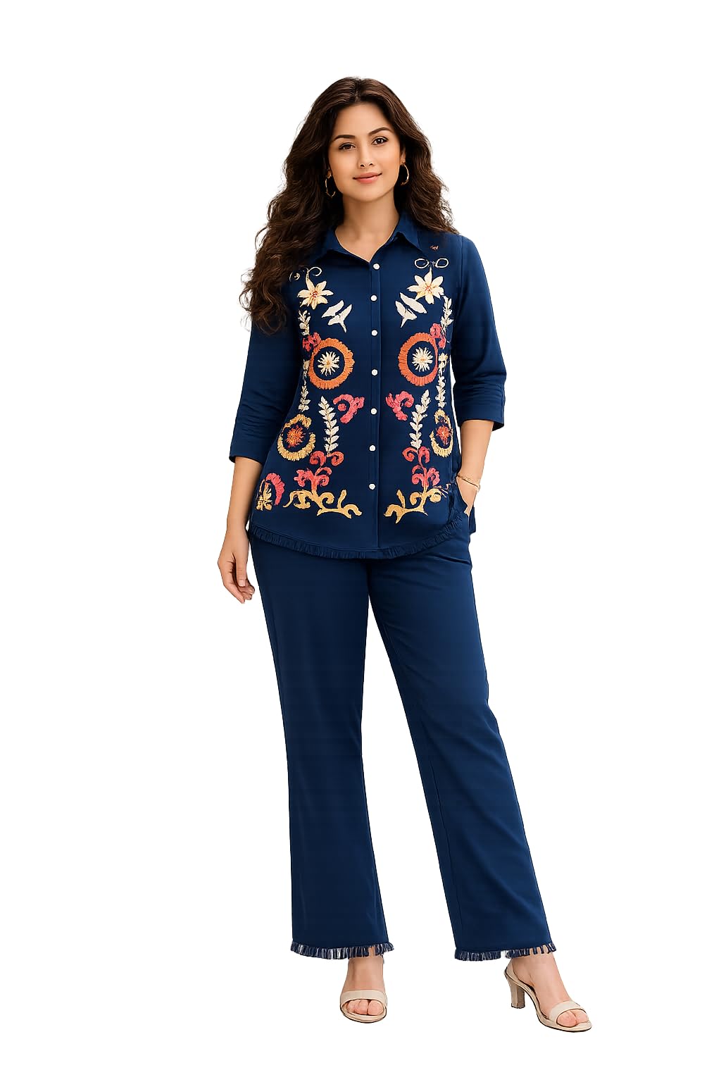 Women's Viscose Rayon Embroidered Shirt Top & Palazzo Pant Co-ord Set | Floral Suzani Embroidery | Fringe Detail | 3/4 Sleeve | Relaxed Fit | Ethnic Wear for Women-image-49