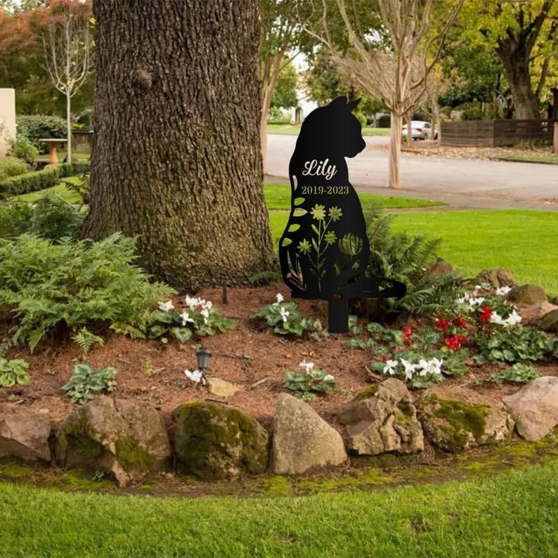 Personalized Memorial Plaques - Sitting Cat Grave Markers - Cat Memorial Gift - Metal Garden Stakes - Sympathy Gifts for Loss of Pet. (Sitting Cat Memorial)
