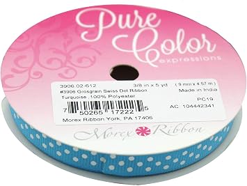Morex Swiss Dot Ribbon, Grosgrain, 3/8 inch by 5 Yards, Turquoise