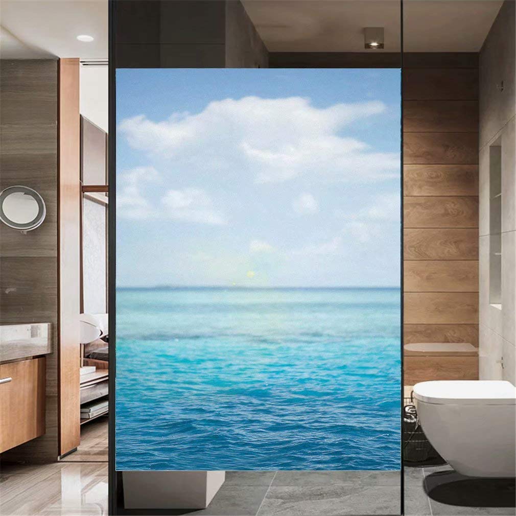Xijier Non Adhesive Decorative Privacy Frosted Window Film Blue Sea Pattern Glass Door Window Covering Window Decals Window Sticker for Home Office 50x80cm(19.7
