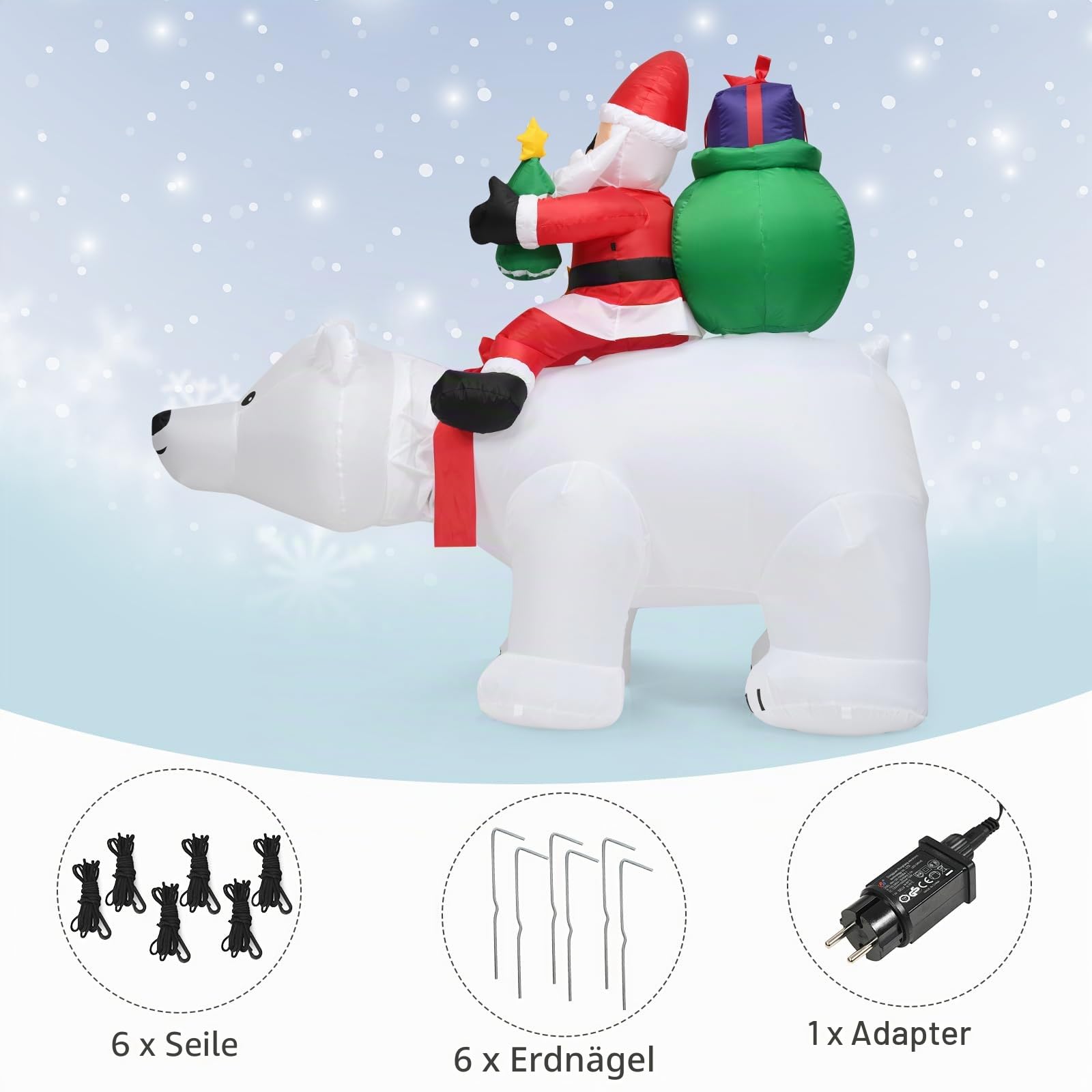 SOARS aufblasbarer Weihnachtsmann auf Eisbär, Weihnachten Eisbär mit wackelndem Kopf, LED, Weihnachtsdeko aussen XXL, Weihnachtsfigur, Weihnachtsbeleuchtung, 200 x 87,5 x 175cm