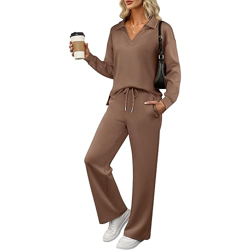 ANRABESS Women's 2 Piece Outfits Lounge Sets Casual Long Sleeve Sweatsuits Polo Top Wide Leg Pants Fall Sweat Matching Sets