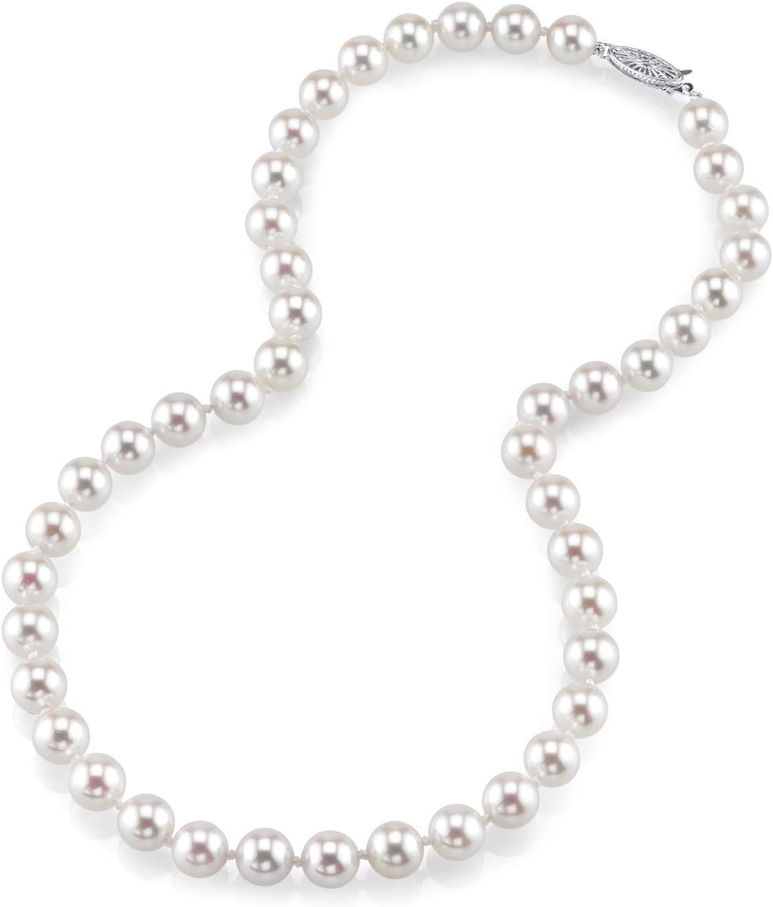 The Pearl Source 18K Gold Round Genuine White Japanese Akoya Saltwater Cultured Pearl Necklace in 18" Princess Length for Women