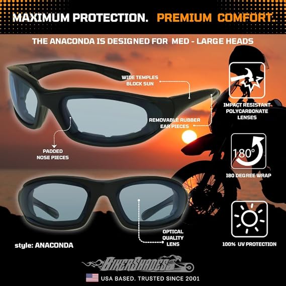Bikershades Motorcycle Riding Safety Sunglass Foam Padded Large Fit