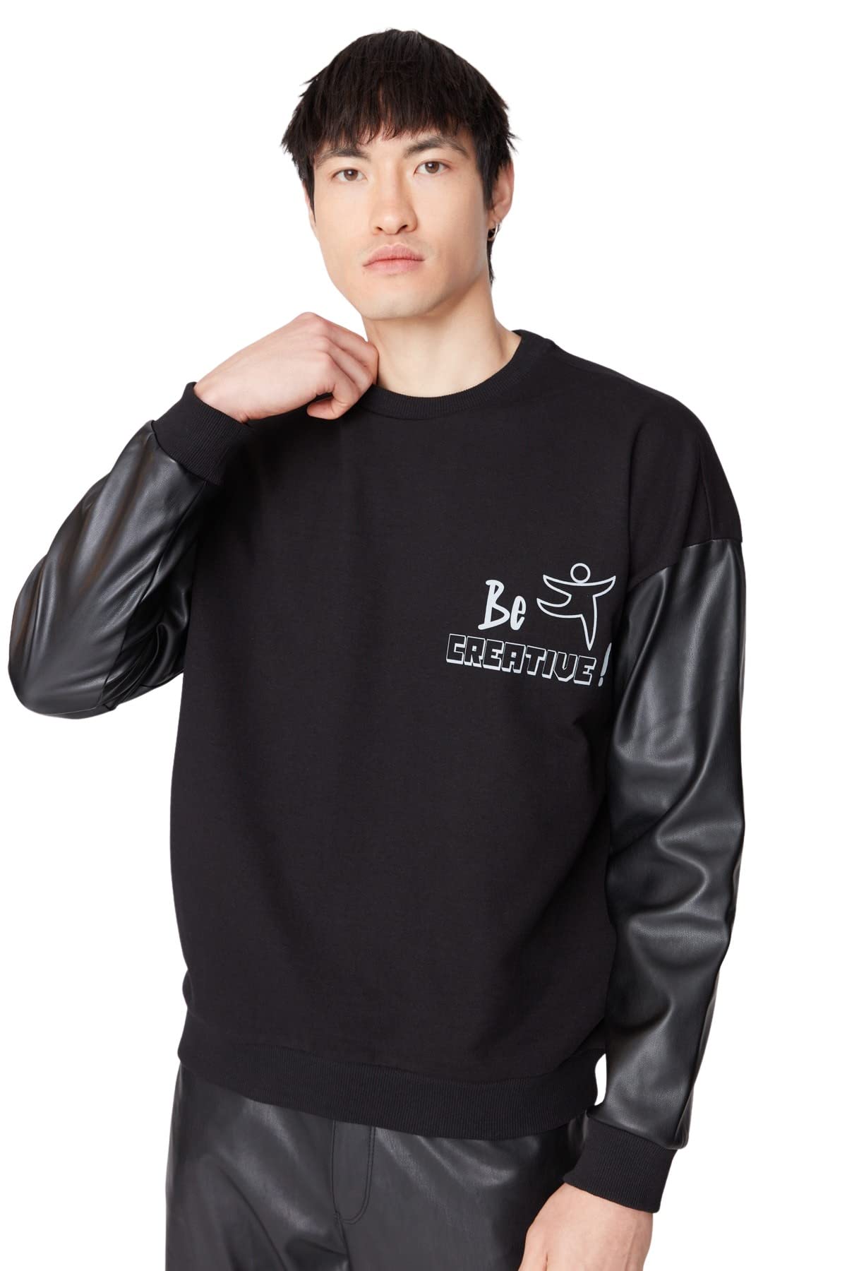 Trendyol Man Design Regular Basic Crew neck Woven Sweatshirt Black