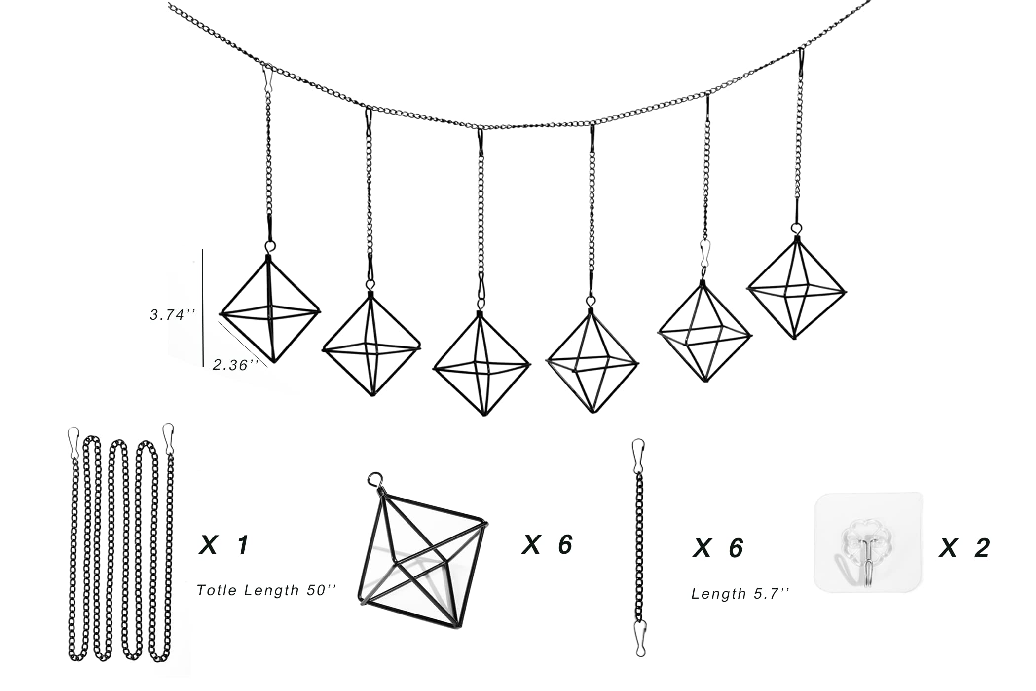 Lot de 6 supports à suspendre pour plantes aériennes noires - Petits aérofères en métal - Cadre géométrique Tillandsia avec chaînes pour fixation murale - Décoration Himmeli (sans plante)