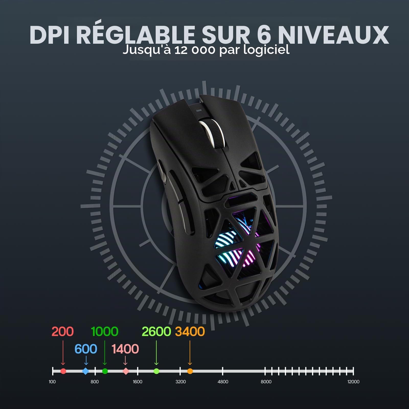 MechLands Aula SC620 Souris de jeu sans fil 2,4 G/USB-C/BT avec batterie de 400 mAh, 12 000 DPI et 1000 taux d'interrogation, capteur PAW3311, éclairage RVB, boutons programmables, pour Windows/Mac