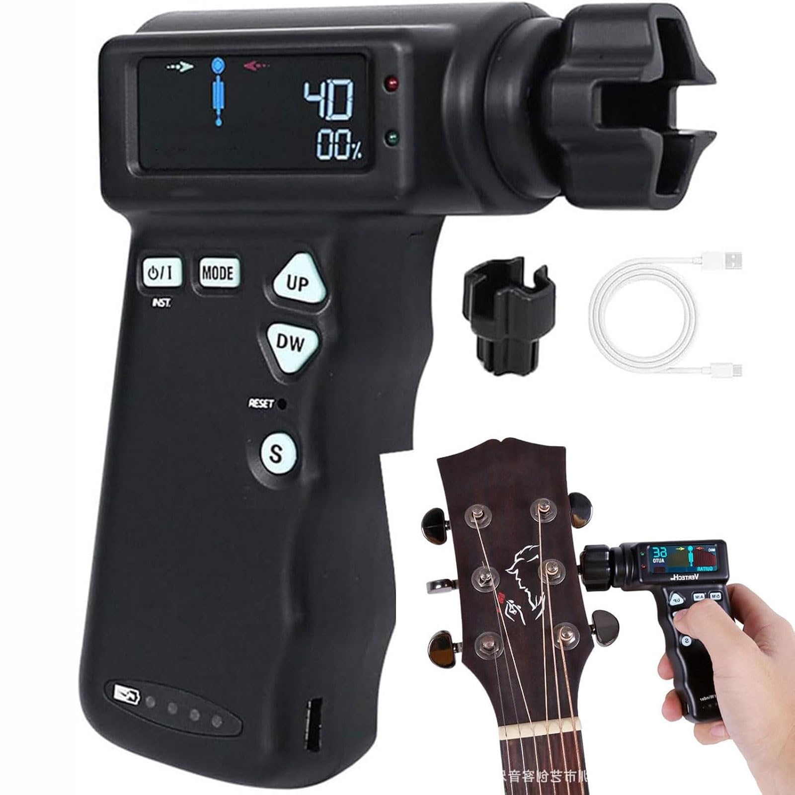 Accordatore for Chitarra Intelligente, accordatore Automatico Professionale Multifunzionale for Chitarra elettrica con Display LCD a Colori, modalità di accordatura Multiple(Black)