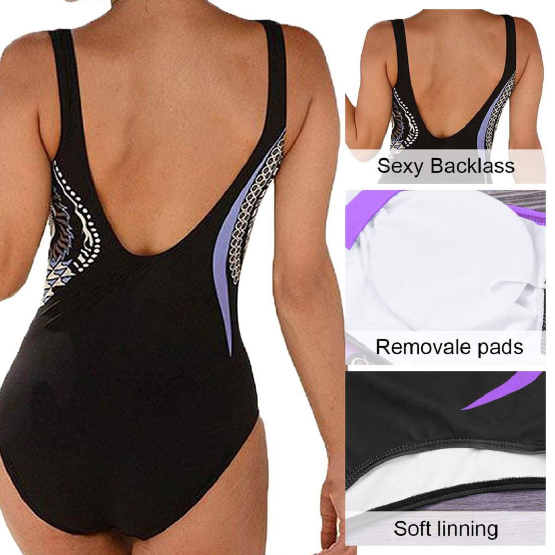 heekpek Costumi Interi Donna Vintage Brasiliana Imbottito con Stampa Tribale Costume da Bagno Intero Piscina Vita Alta Donna Bikini Set Push Up Monokini Mare Piscina Multicolore