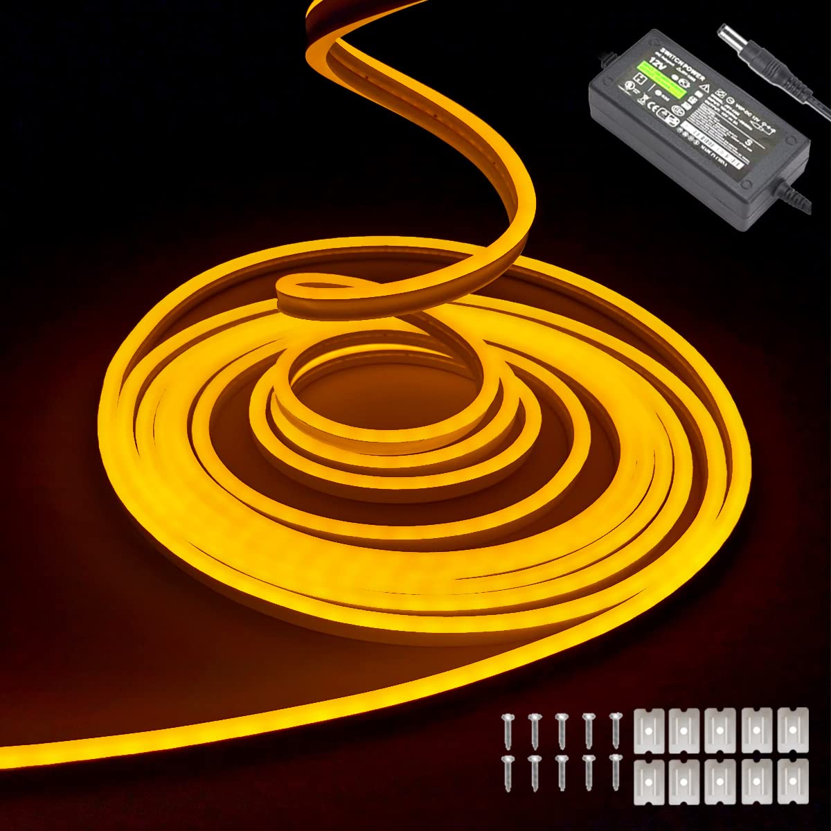 dobestyou Yellow Neon LED Strip Lights - 16.4ft (5M) 12V DC 600 SMD2835 LEDs Waterproof Flexible Rope Light for Indoor/Outdoor Decor (Includes Power Adapter)