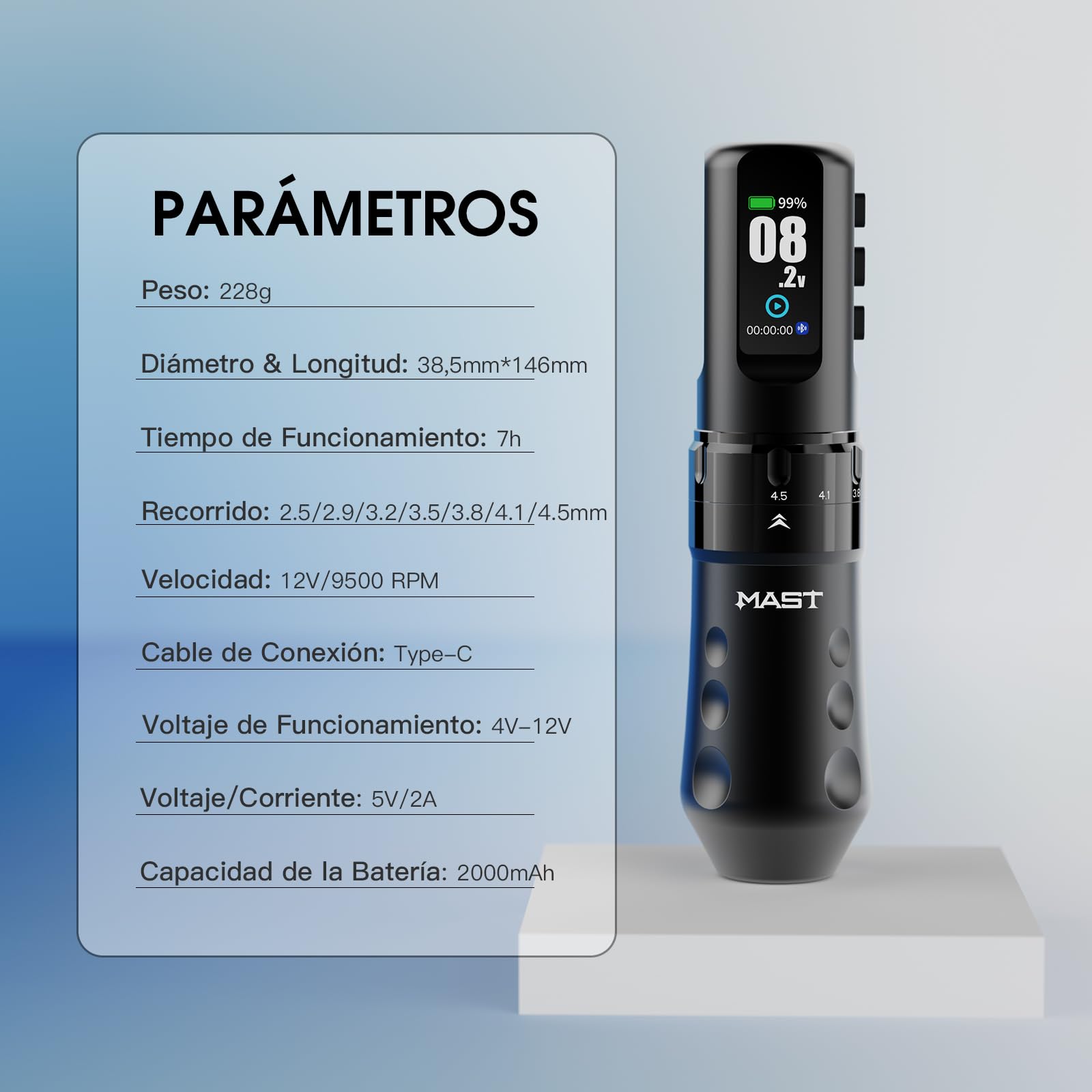 Mast Tattoo Flip4 Pro Máquina de Tatuar Inalámbrico - 7 Carreras (2.5-4.5mm) - 2 Pieza Batería 2000mAh - Para Principiantes y Profesionales Negro