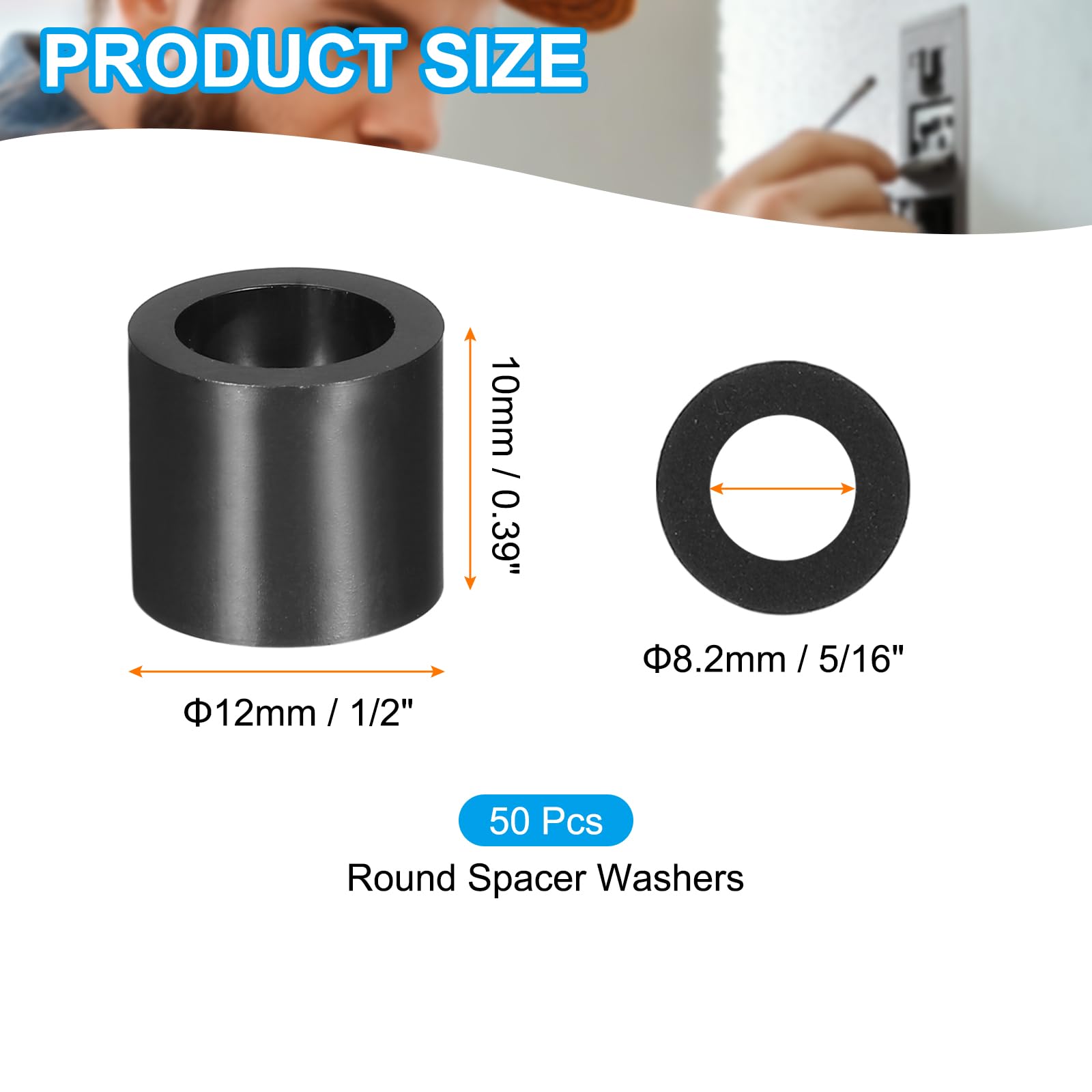 PATIKIL 50Pcs M4 ABS Spacers M8 x 12mm OD x 10mm L Plastic Round Spacer Washers Black Standoff Nut Unthreaded for Screws Bolts Electrical Outlet - Image 2
