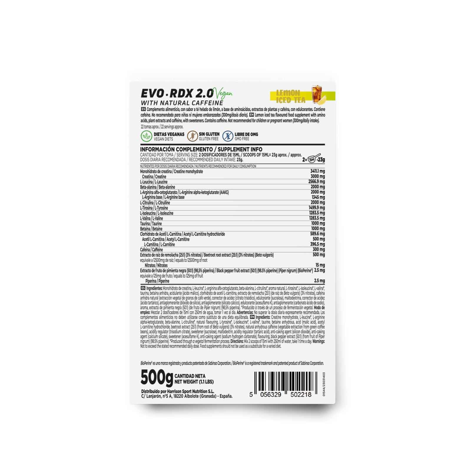 HSN Pre Entreno Evordx 2.0 (300mg de Cafeína) | Té Frío Limón 500g | Pre Workout 100% Vegano Sin Carbohidratos Sin Gluten | BCAAs, Creatina, L-citrulina, Arginina AKG, Extracto de Remolacha — view 2