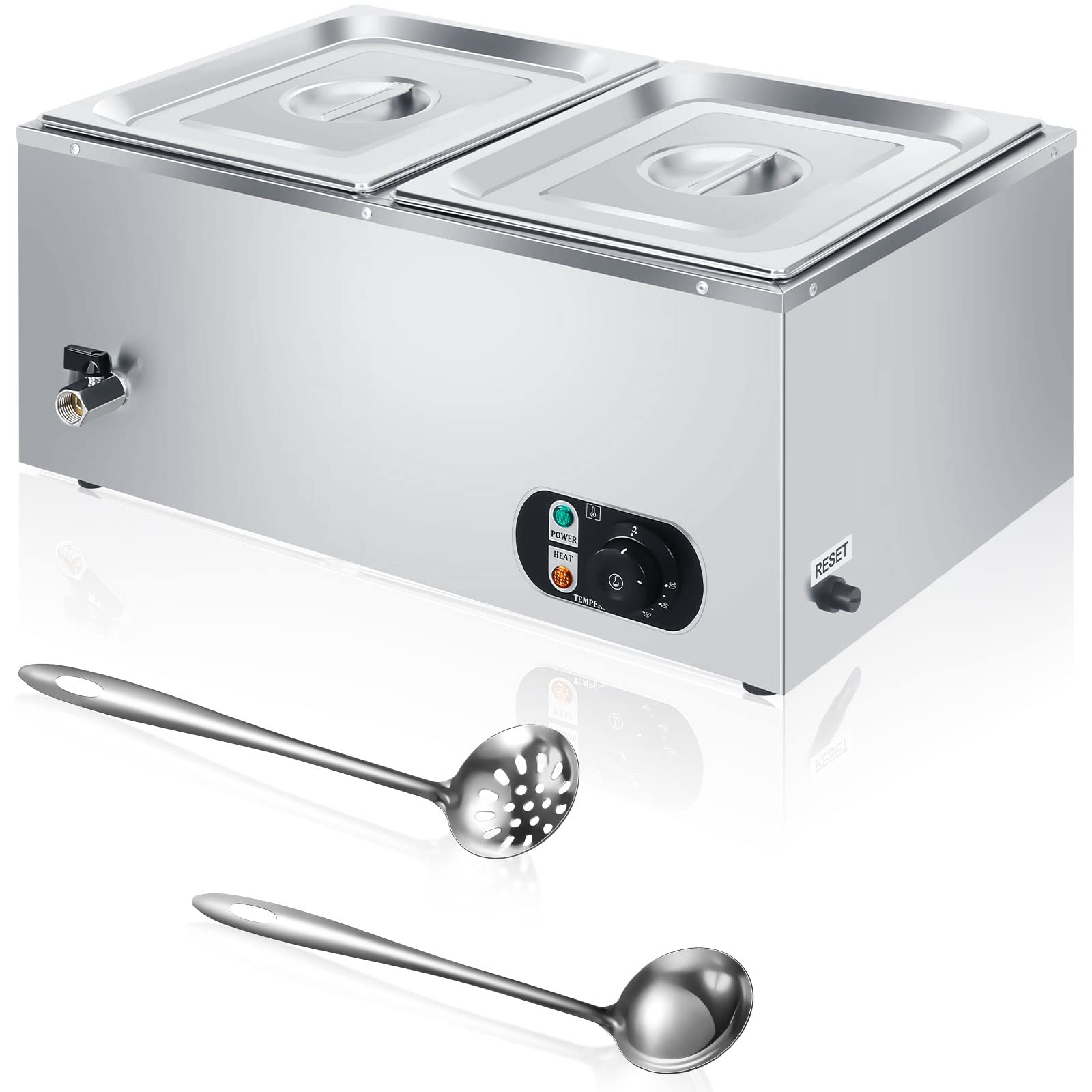 Electric Commercial Food Warmer 110V Buffet Food Warmer Stainless Steel Electric Countertop Steamer with Temperature Control, Tap and Lid for Catering Restaurant Parties (2 Pan)