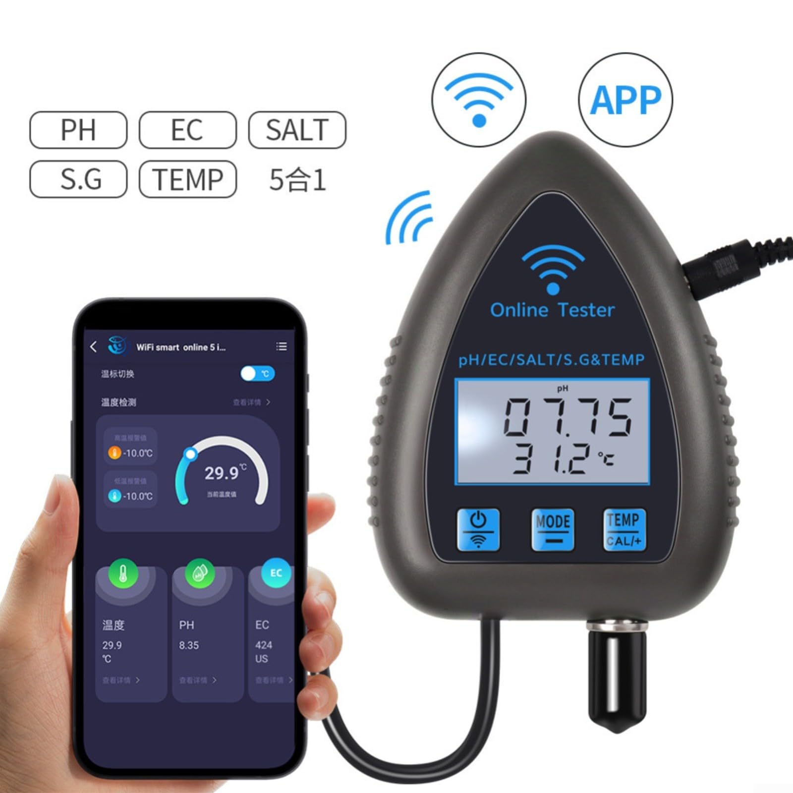 Per Tuya 5-in-1 WiFi PH Monitor e Tester di Qualità Dell'Acqua Con Salinità, Gravità Specifica, Sensori di Temperatura Per Acquari, Laghetti Di Pesci, Idroponica (WF9953)