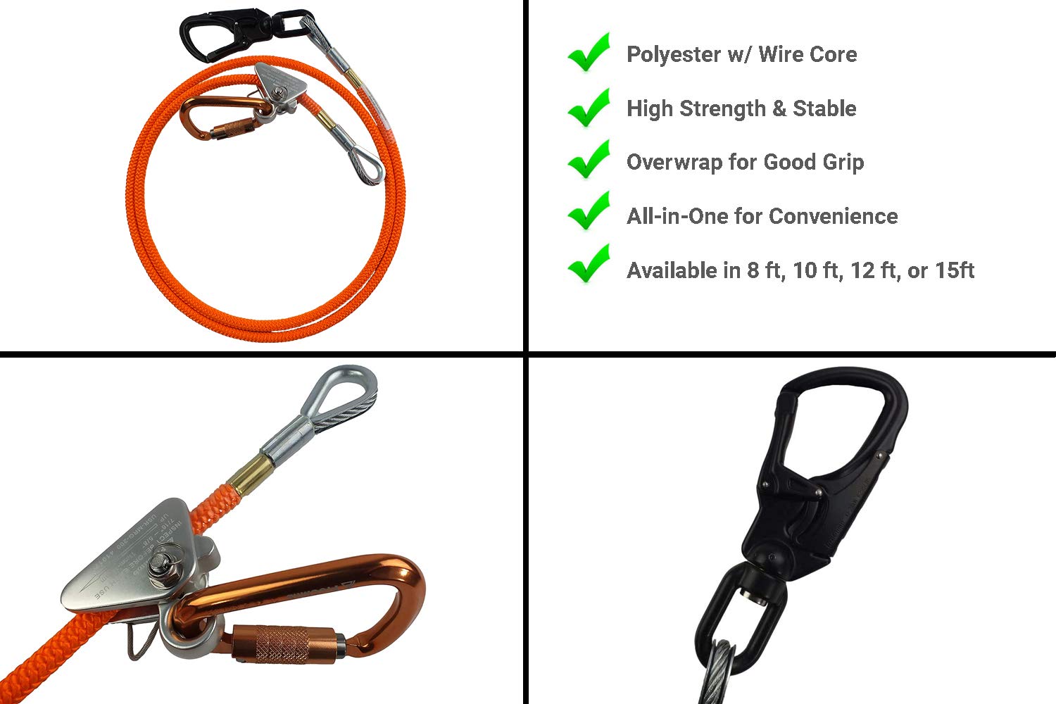 Kit de línea abatible con giro de aluminio - 1/2 pulgada (8 pies - 15 pies) | Calidad premium | Ideal para cordón de escalada, cinturón de liniero y cuerda