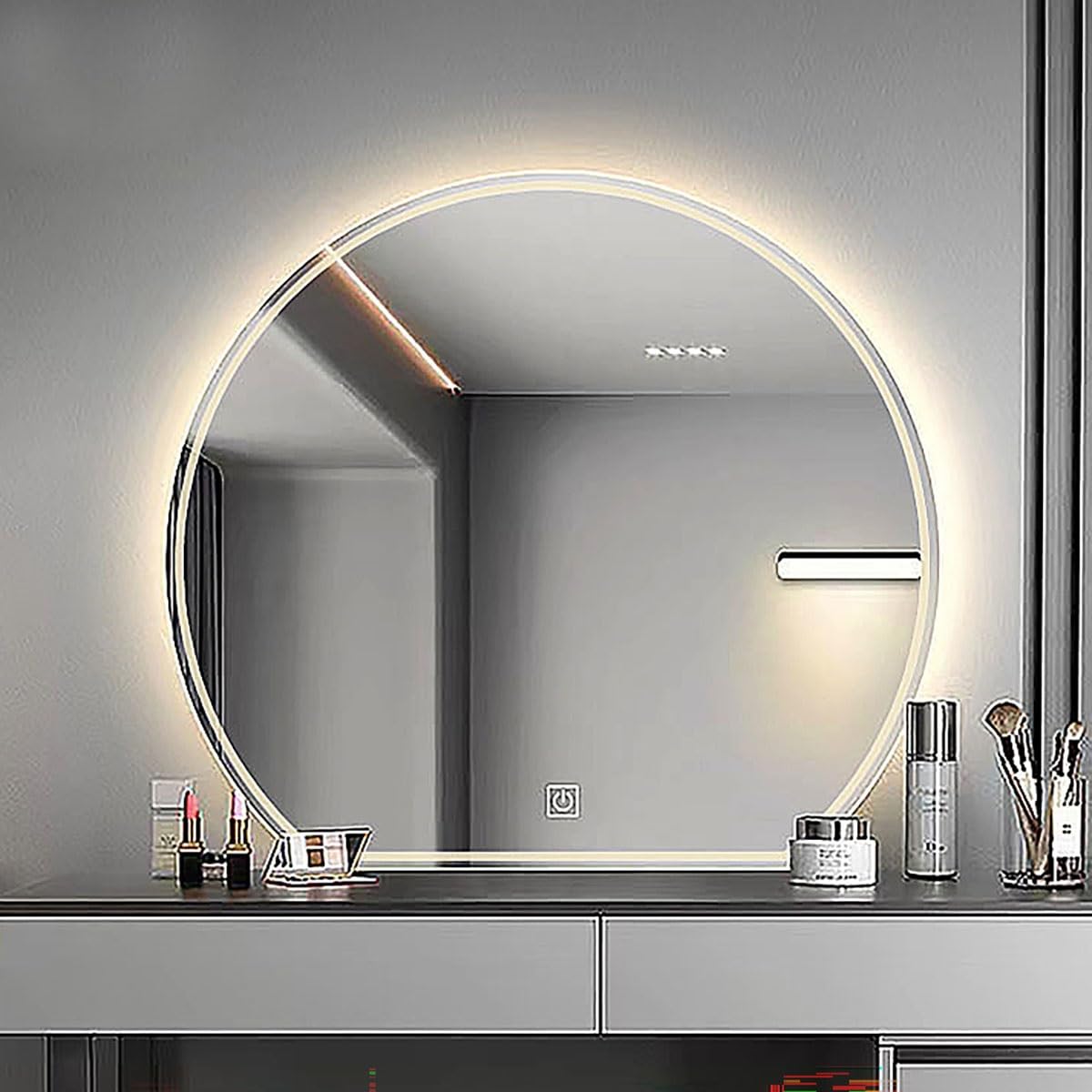 Specchio Semicerchio Con Led, Semicerchio Specchio Da Bagno, Specchio Da Bagno Semicerchio Con Retroilluminato, Anti-Appannamento, Tri-Colore Dimmerabile Con Retroilluminazione, Specchio Da Parete(50*