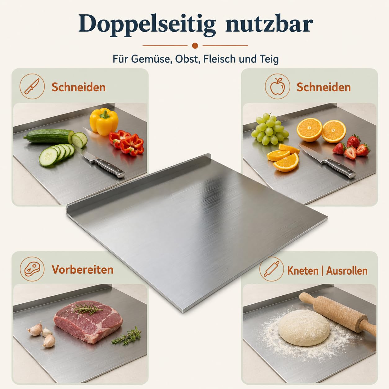 Planche à découper en acier inoxydable - 40 x 50 cm - Double face - Avec bord de butée - Antidérapant - Pour viande, légumes, pain, pâtisserie