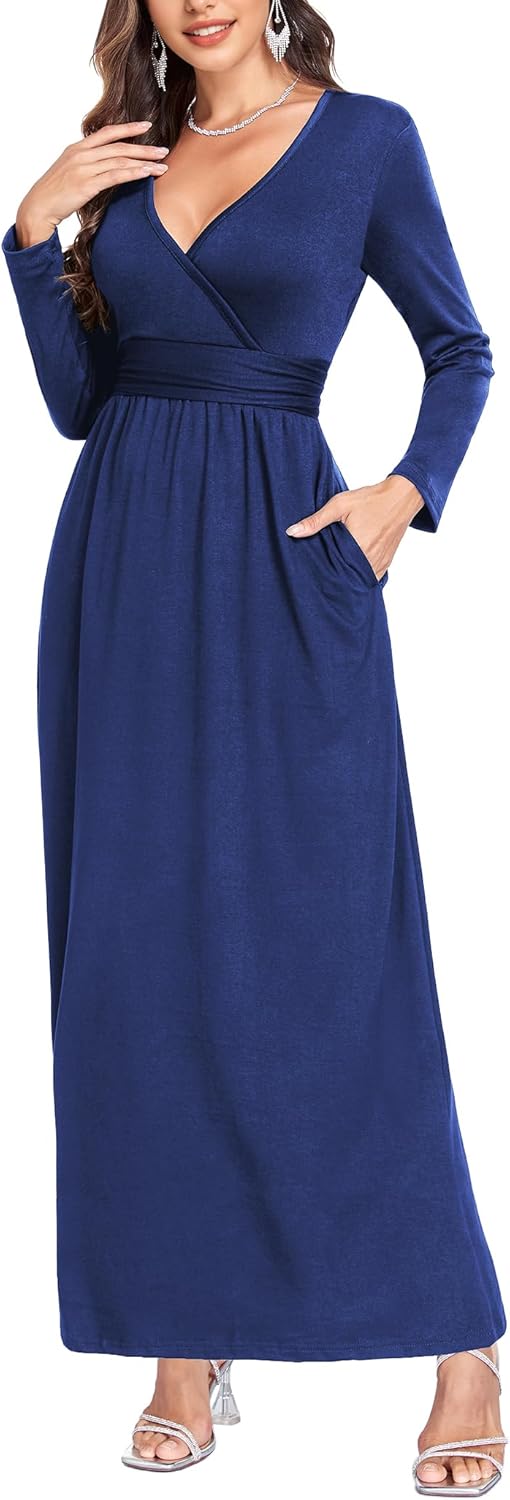 Lacavocor Women's Long Sleeve Deep V Neck Maxi Dress Casual Wrap Waist Long Dress with Pockets