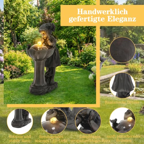 Gartenbrunnen mit Mädchen-Figur, 65,5 cm Springbrunnen Wasserspiel mit warmweißer LED-Beleuchtung, Gartendeko für Terrasse, Balkon & Rasen, Plätschern 55 dB, Kupferfarbe