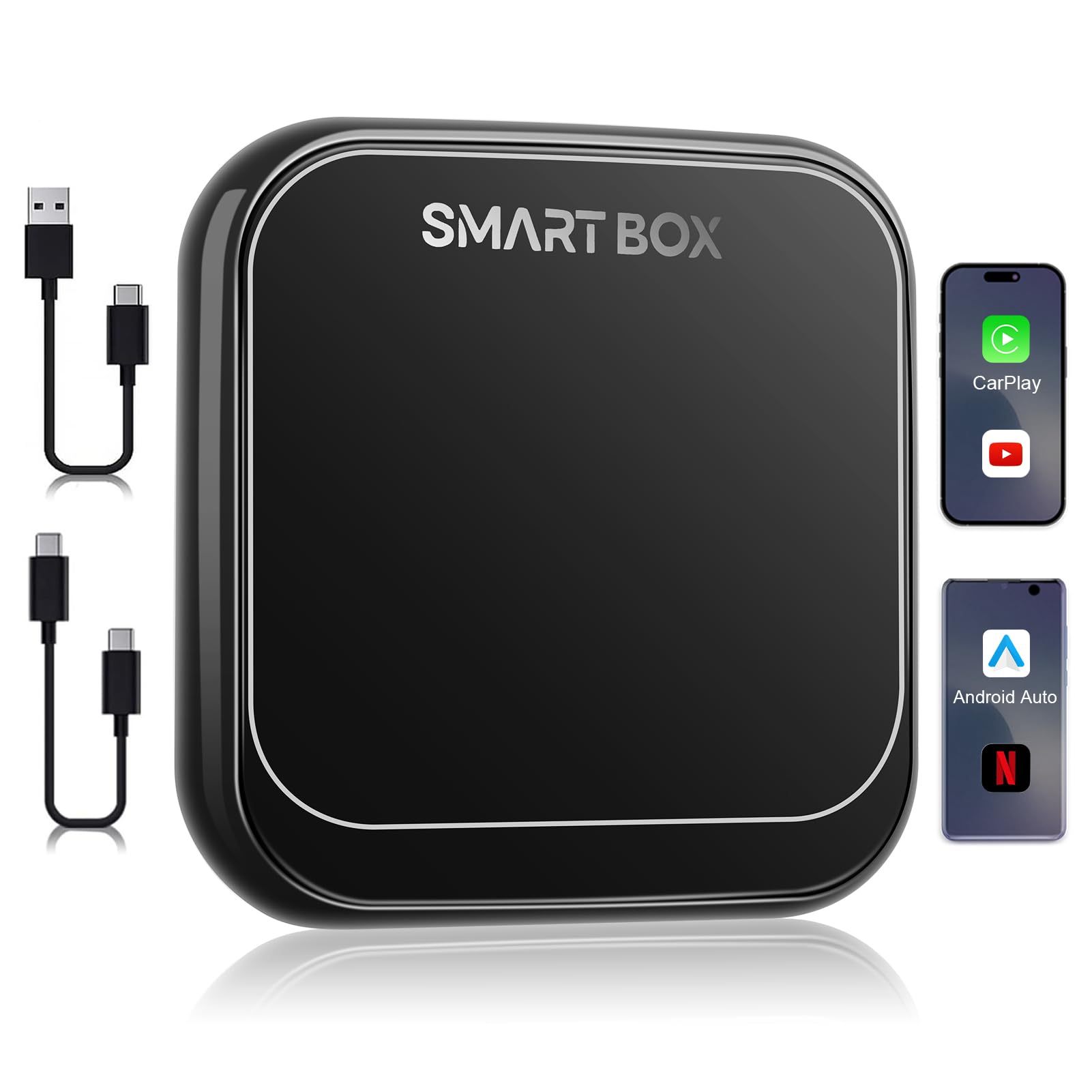 Bolidut 4 in 1 Wireless CarPlay Android Auto Wireless Adapter for iPhone, Upgrade Convert Smart AI Box Fits Netflix YouTube TikTok Stream Media Play Store TF Card for Cars with Wired Carplay (Black)