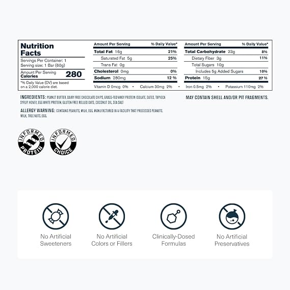 Transparent Labs Protein+ Bars - Whole-Food Protein Bars w/ 15g+ Grass-Fed Whey & Egg Whites Protein, Natural Peanut & Almond Butter, No Artificial Sweeteners - Peanut Butter Chocolate Chip, 12 Bars