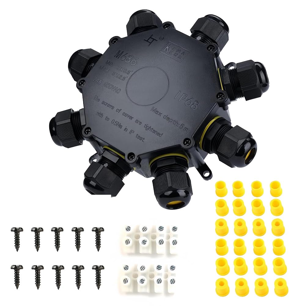 Xnuiasqe Black Ip68 Waterproof Junction Box Outdoor, 8Way M25 Gland Wire Connector Extension Electrical Cable Project Protector