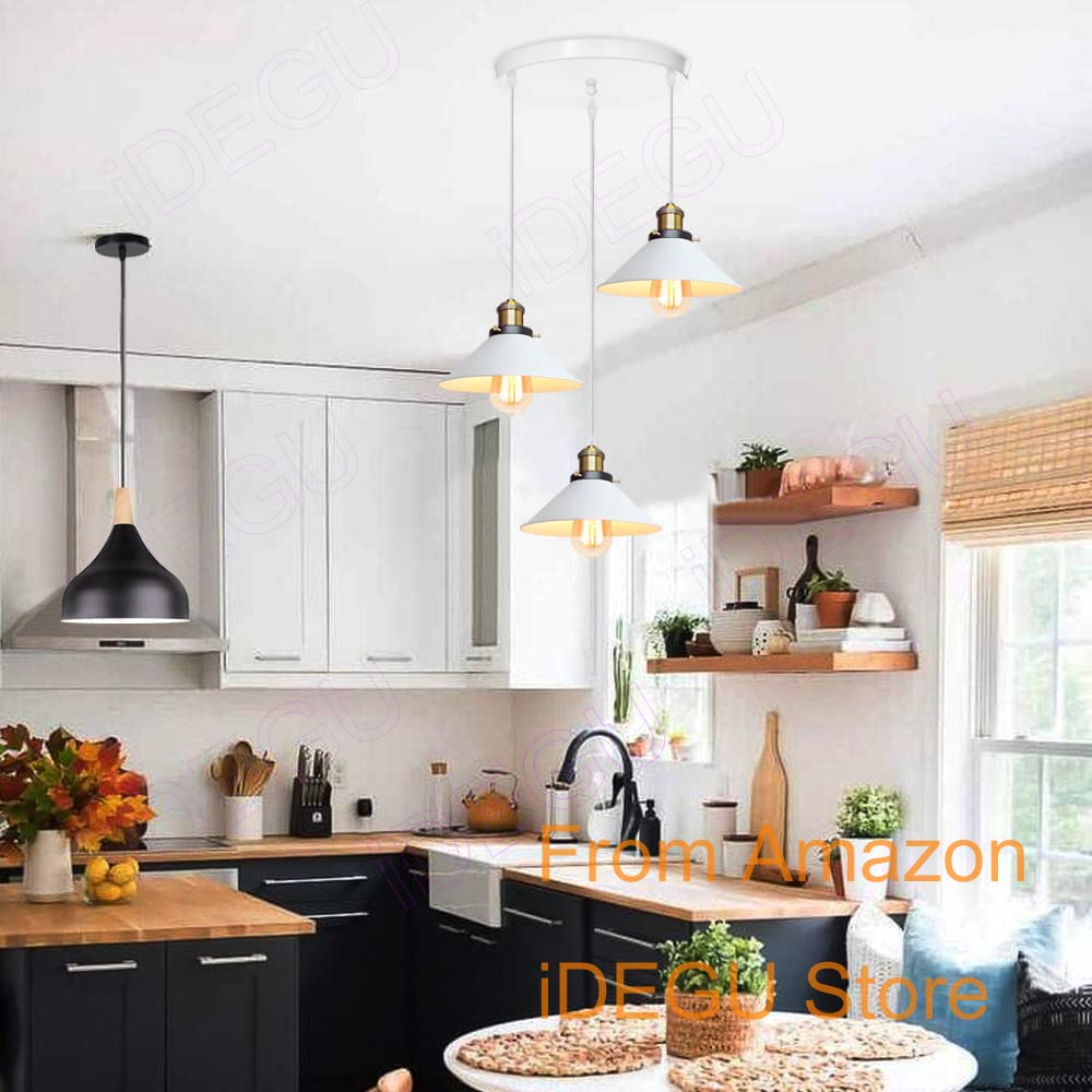 iDEGU Retro hanglamp met 3 lampen, industrieel design, 22 cm, vintage lampenkap, lamp E27, kroonluchter voor keuken, eetkamer, café, bar, restaurant (zwart