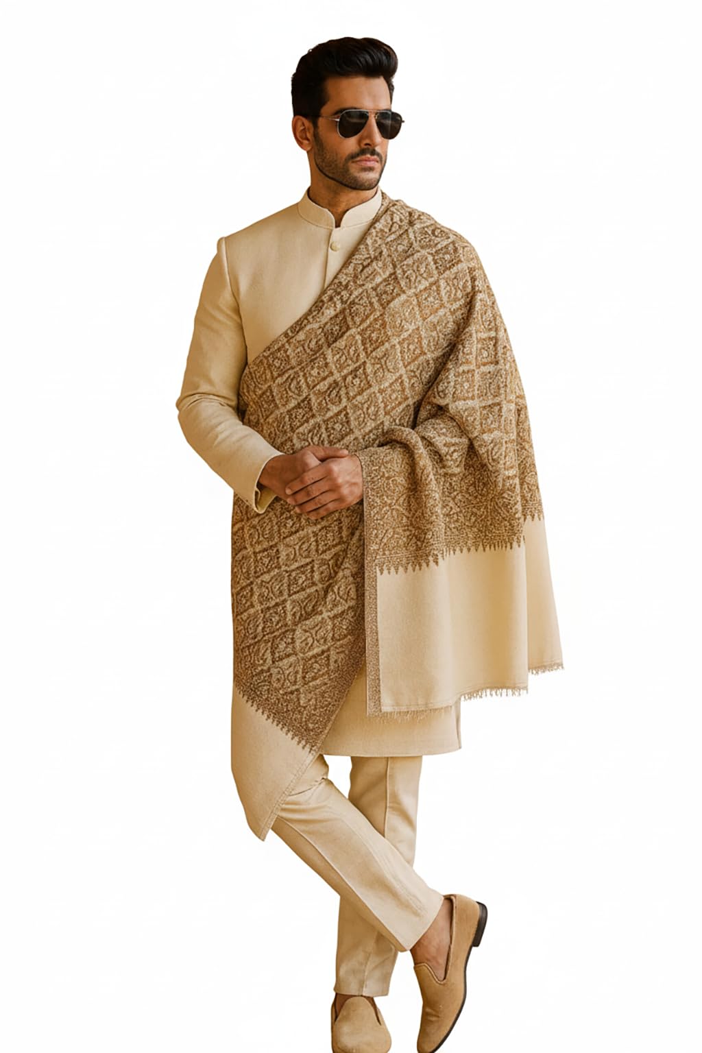 Wool Shawl with Kashmiri Jaal Embroidery – Winter Shawl, Ethnic Wrap for Men-image-4