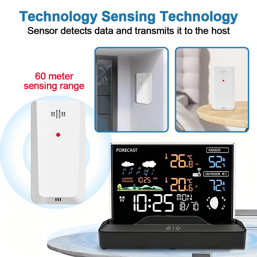 Wetterstation mit Außensensor, Digitales Thermometer Hygrometer mit Barometer Wettervorhersage für Wohnzimmer Büro und Schlafzimmer