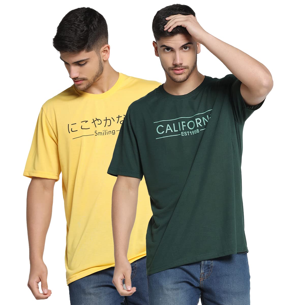 INKKR Camiseta estampada multicolor con cuello redondo para hombre (paquete de 2)