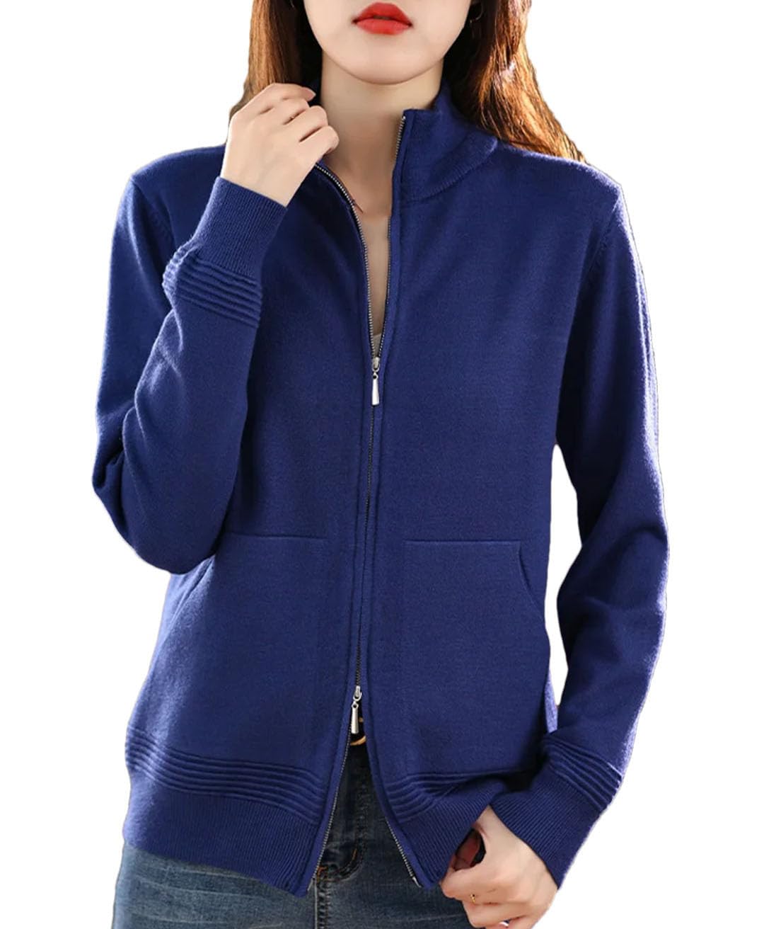 Vogrtcc Suéter De Lana para Mujer Cárdigan con Doble Cremallera Tops De Punto Casuales